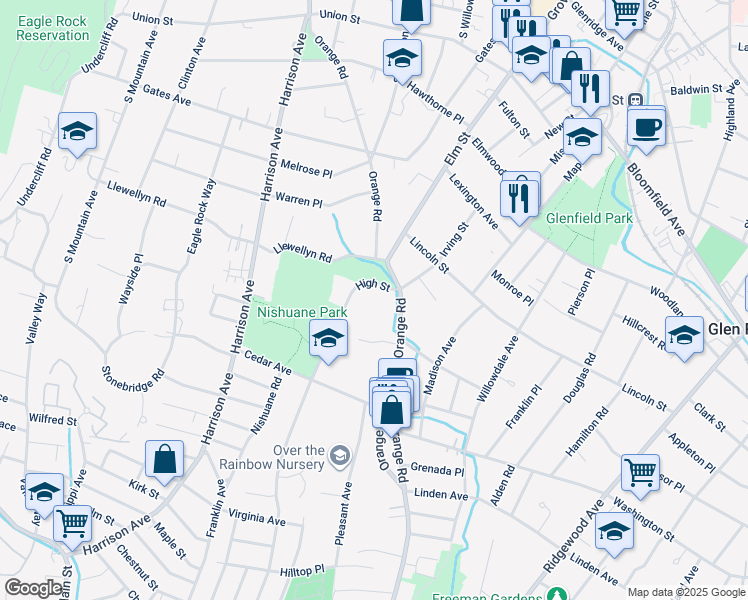 map of restaurants, bars, coffee shops, grocery stores, and more near 5 High Street in Montclair