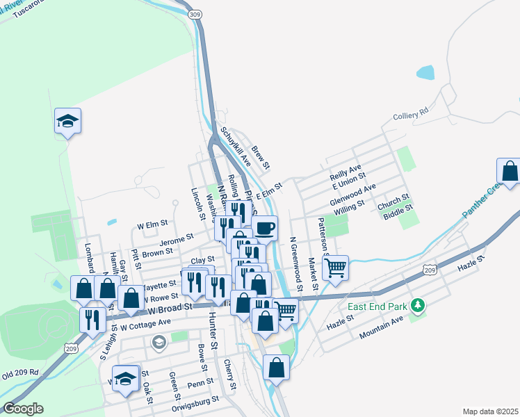 map of restaurants, bars, coffee shops, grocery stores, and more near 318 Pine Street in Tamaqua