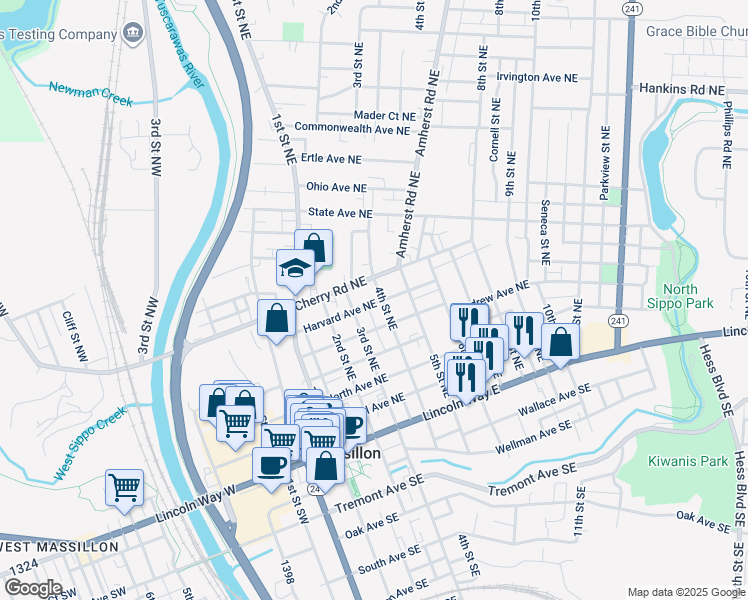 map of restaurants, bars, coffee shops, grocery stores, and more near 323 Harvard Avenue Northeast in Massillon