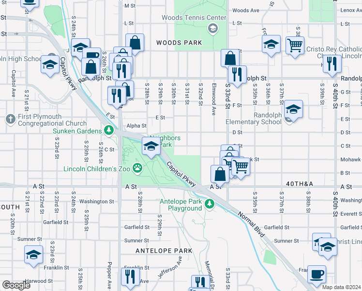 map of restaurants, bars, coffee shops, grocery stores, and more near 3025 C Street in Lincoln