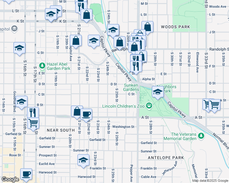map of restaurants, bars, coffee shops, grocery stores, and more near 2426 C Street in Lincoln