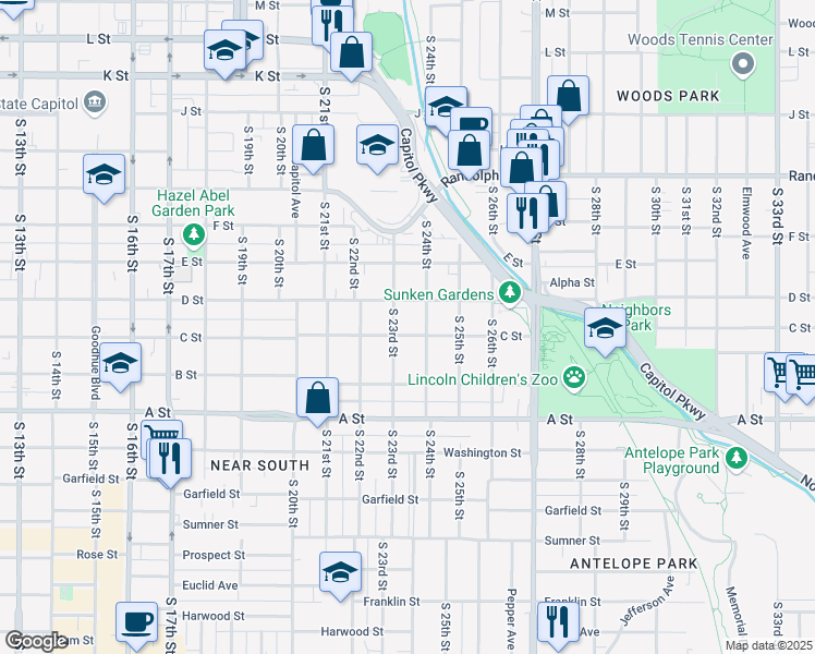 map of restaurants, bars, coffee shops, grocery stores, and more near 2346 C Street in Lincoln