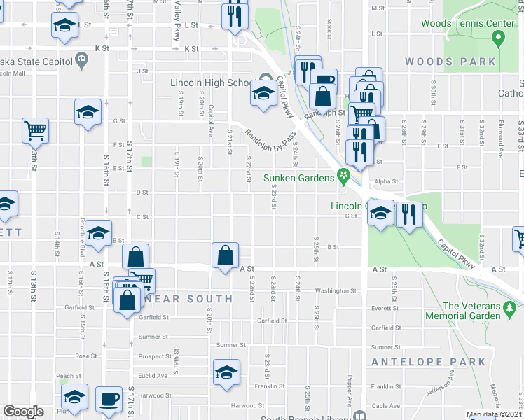 map of restaurants, bars, coffee shops, grocery stores, and more near 2224 C Street in Lincoln