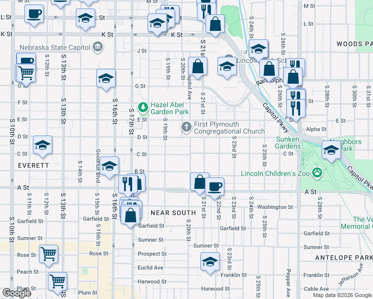 map of restaurants, bars, coffee shops, grocery stores, and more near 1140 South 20th Street in Lincoln