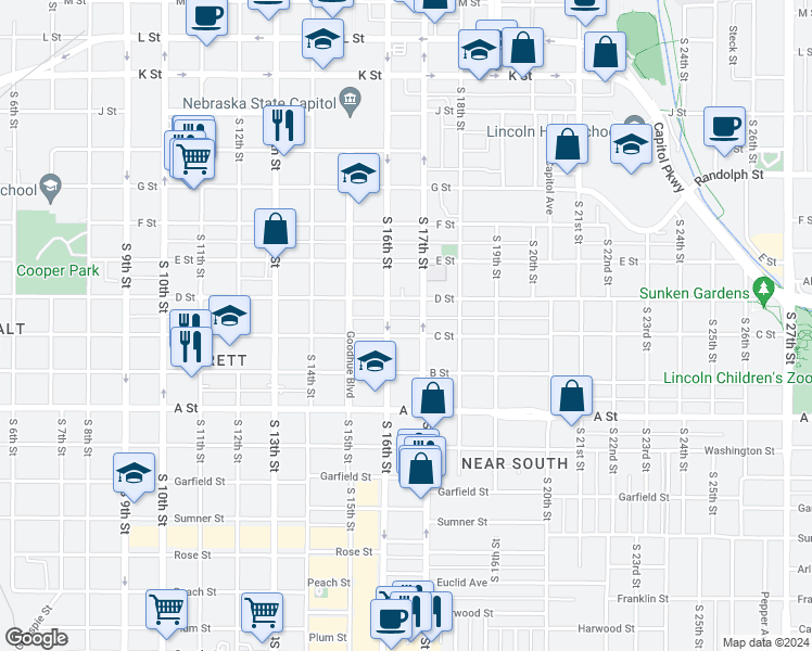 map of restaurants, bars, coffee shops, grocery stores, and more near 1620 C Street in Lincoln
