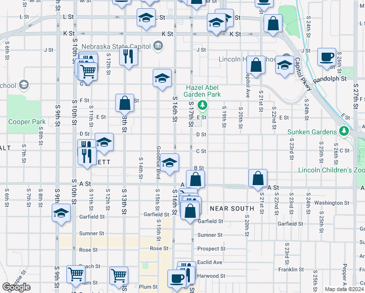 map of restaurants, bars, coffee shops, grocery stores, and more near 1620 C Street in Lincoln