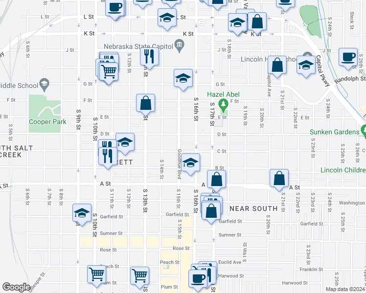 map of restaurants, bars, coffee shops, grocery stores, and more near 1518 C Street in Lincoln