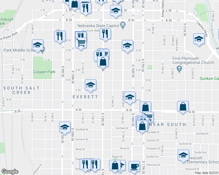 map of restaurants, bars, coffee shops, grocery stores, and more near 1320 C Street in Lincoln