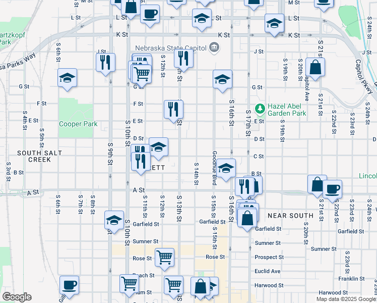 map of restaurants, bars, coffee shops, grocery stores, and more near 1320 C Street in Lincoln