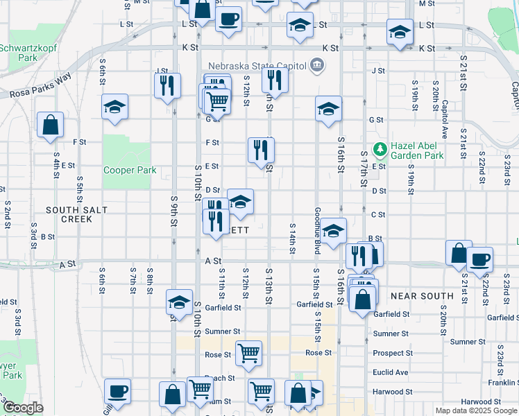 map of restaurants, bars, coffee shops, grocery stores, and more near 1220 C Street in Lincoln