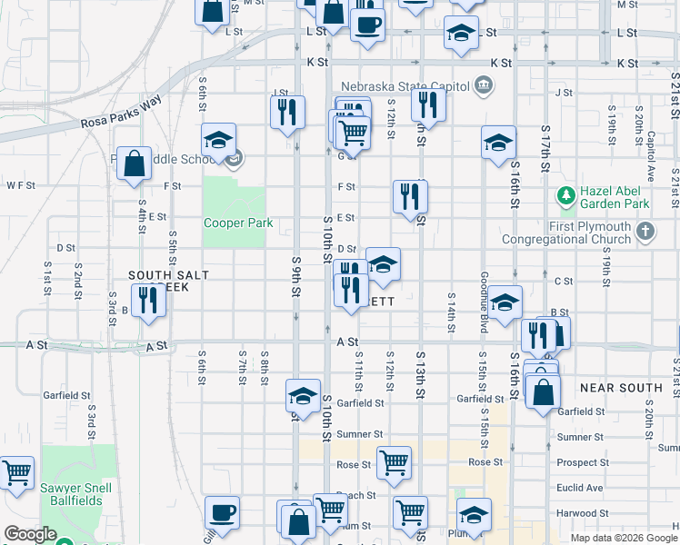 map of restaurants, bars, coffee shops, grocery stores, and more near 1032 C Street in Lincoln