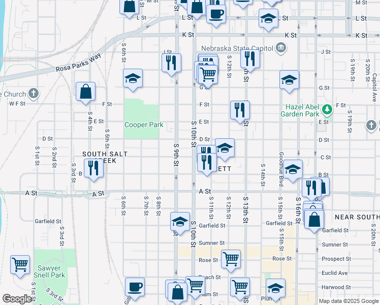 map of restaurants, bars, coffee shops, grocery stores, and more near 912 C Street in Lincoln