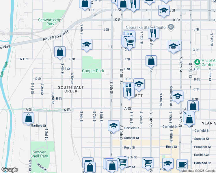map of restaurants, bars, coffee shops, grocery stores, and more near 816 C Street in Lincoln