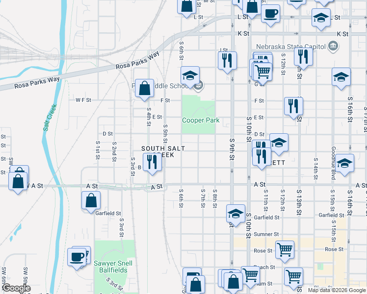 map of restaurants, bars, coffee shops, grocery stores, and more near 610 C Street in Lincoln