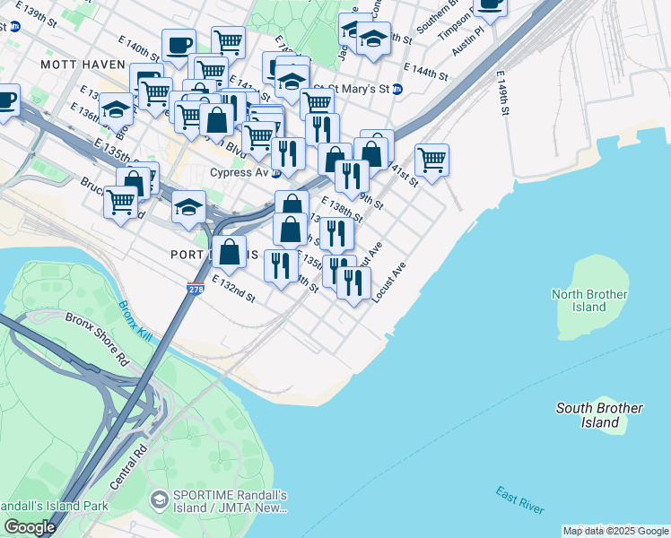 map of restaurants, bars, coffee shops, grocery stores, and more near 839 East 135th Street in Bronx
