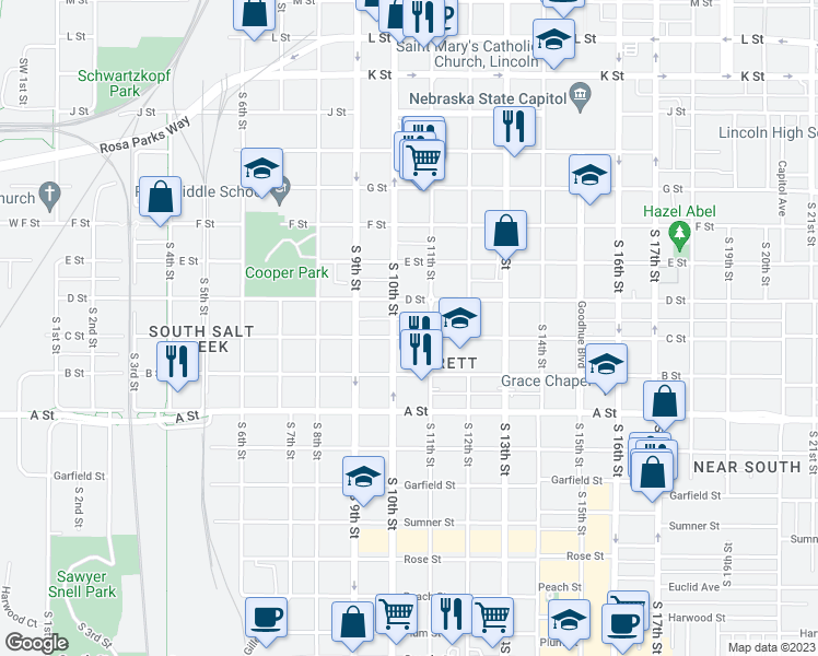 map of restaurants, bars, coffee shops, grocery stores, and more near 1020 C Street in Lincoln