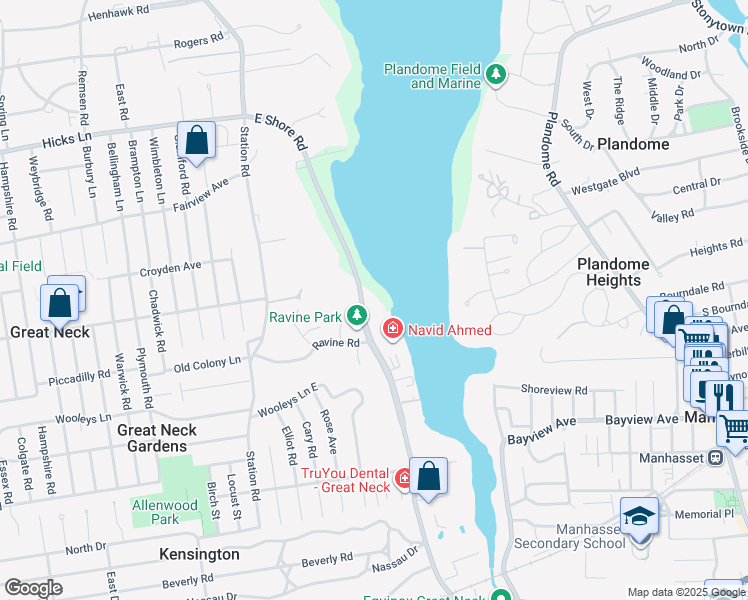 map of restaurants, bars, coffee shops, grocery stores, and more near 322 E Shore Rd in Great Neck