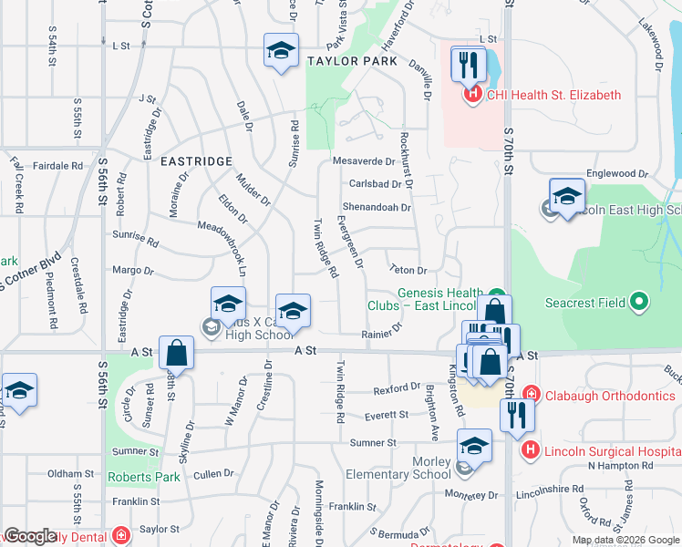 map of restaurants, bars, coffee shops, grocery stores, and more near 1212 Twin Ridge Road in Lincoln