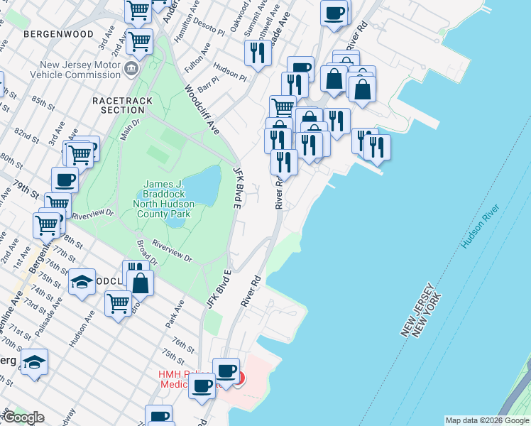 map of restaurants, bars, coffee shops, grocery stores, and more near 64 Bergen Ridge Road in North Bergen