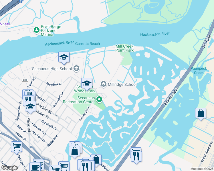 map of restaurants, bars, coffee shops, grocery stores, and more near 50 Millridge Road in Secaucus