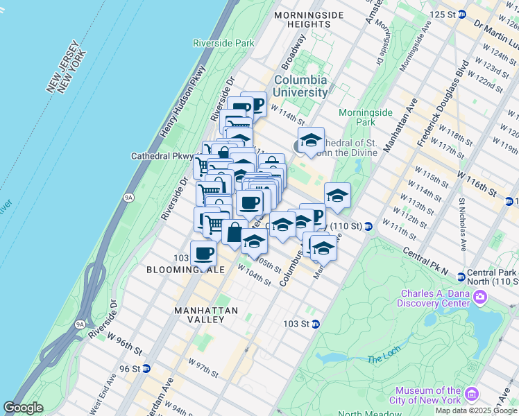 map of restaurants, bars, coffee shops, grocery stores, and more near 985 Amsterdam Avenue in New York