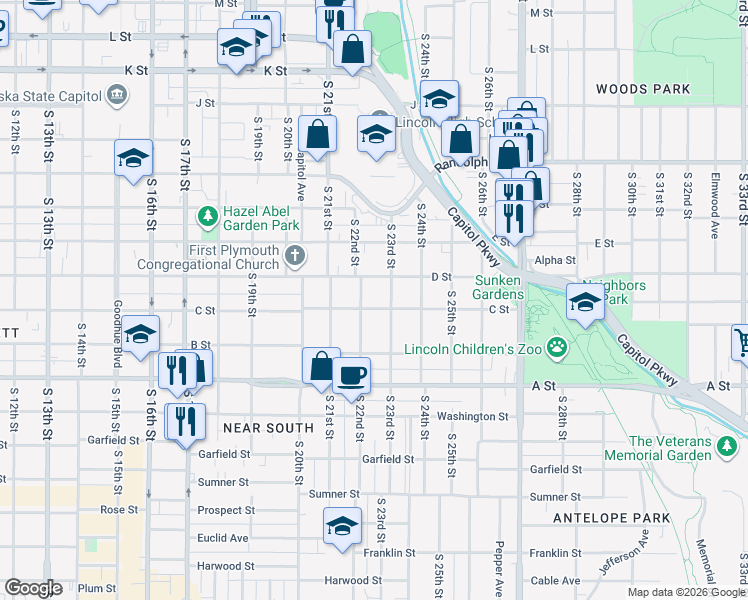 map of restaurants, bars, coffee shops, grocery stores, and more near 2220 C Street in Lincoln