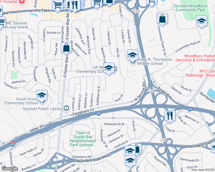 map of restaurants, bars, coffee shops, grocery stores, and more near 12 Melanie Lane in Syosset