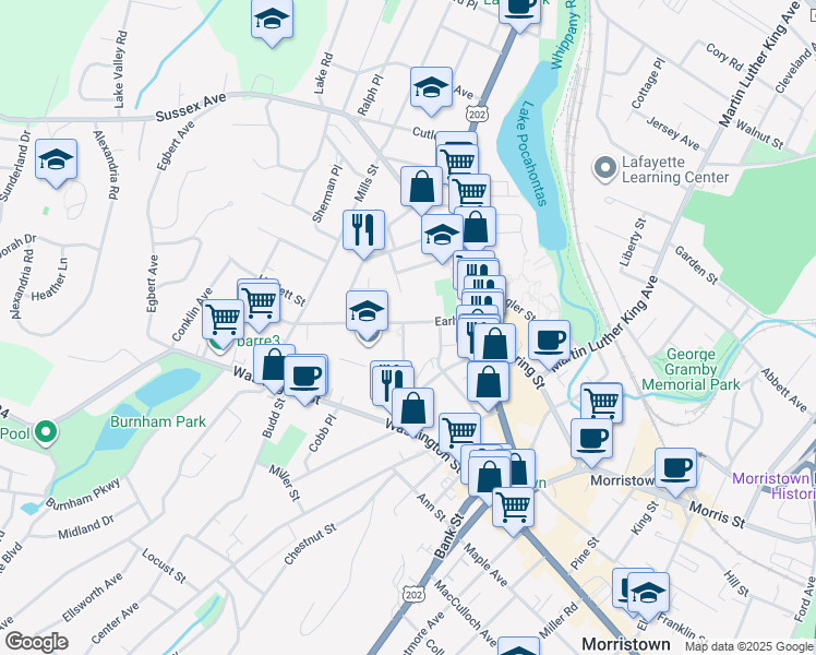 map of restaurants, bars, coffee shops, grocery stores, and more near 40 Early Street in Morristown