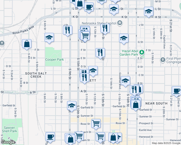 map of restaurants, bars, coffee shops, grocery stores, and more near 1112 C Street in Lincoln