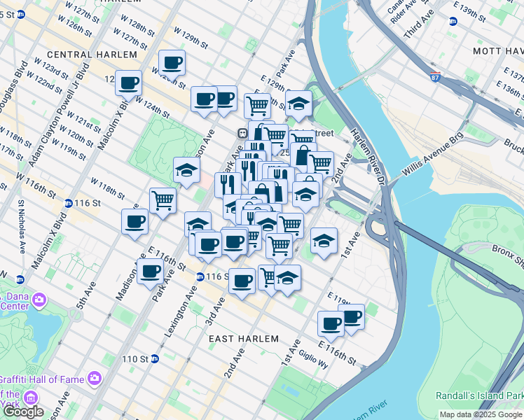 map of restaurants, bars, coffee shops, grocery stores, and more near 2236 3rd Avenue in New York