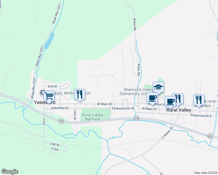 map of restaurants, bars, coffee shops, grocery stores, and more near 117 Maple Street in Rural Valley