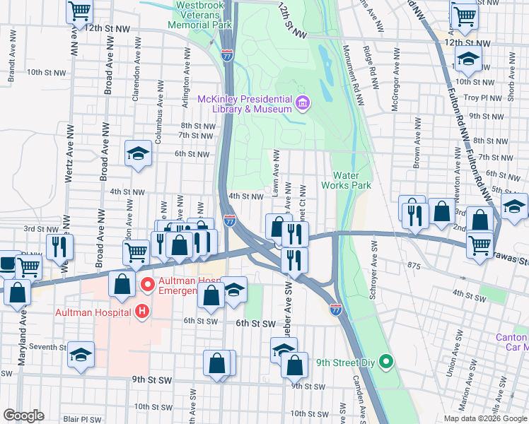 map of restaurants, bars, coffee shops, grocery stores, and more near 223 Park Avenue Northwest in Canton