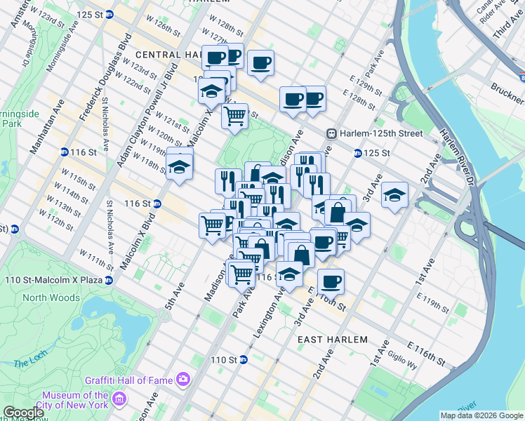 map of restaurants, bars, coffee shops, grocery stores, and more near 76 East 119th Street in New York