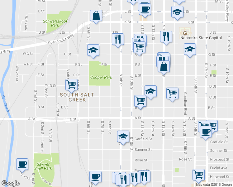 map of restaurants, bars, coffee shops, grocery stores, and more near 828 C Street in Lincoln