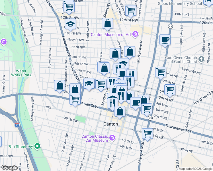 map of restaurants, bars, coffee shops, grocery stores, and more near 519 4th Street Northwest in Canton