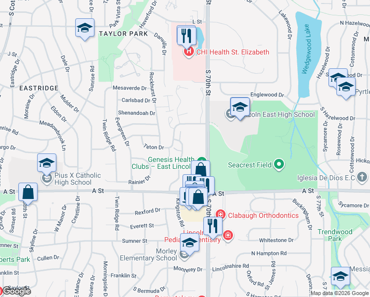 map of restaurants, bars, coffee shops, grocery stores, and more near 1230 Silver Ridge Road in Lincoln