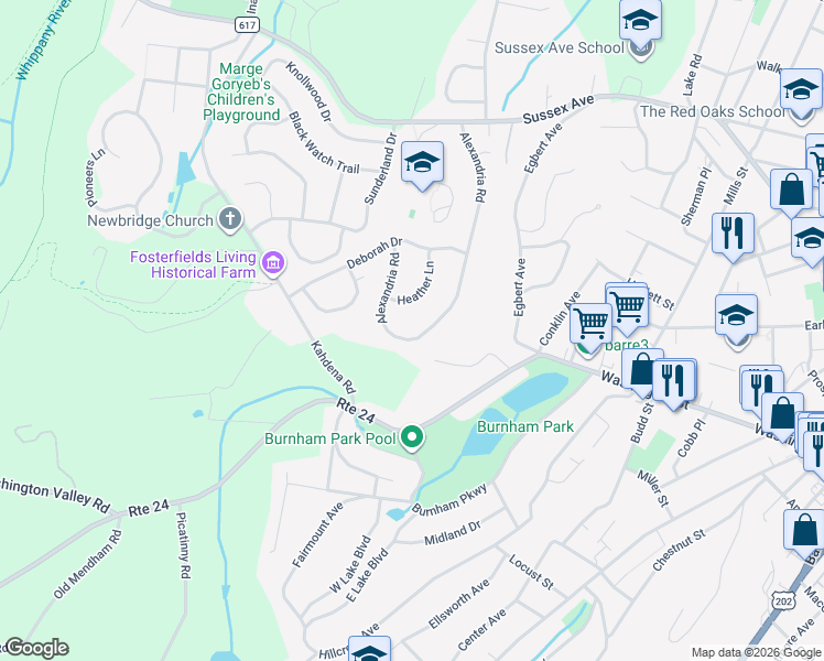 map of restaurants, bars, coffee shops, grocery stores, and more near 46 Alexandria Road in Morristown