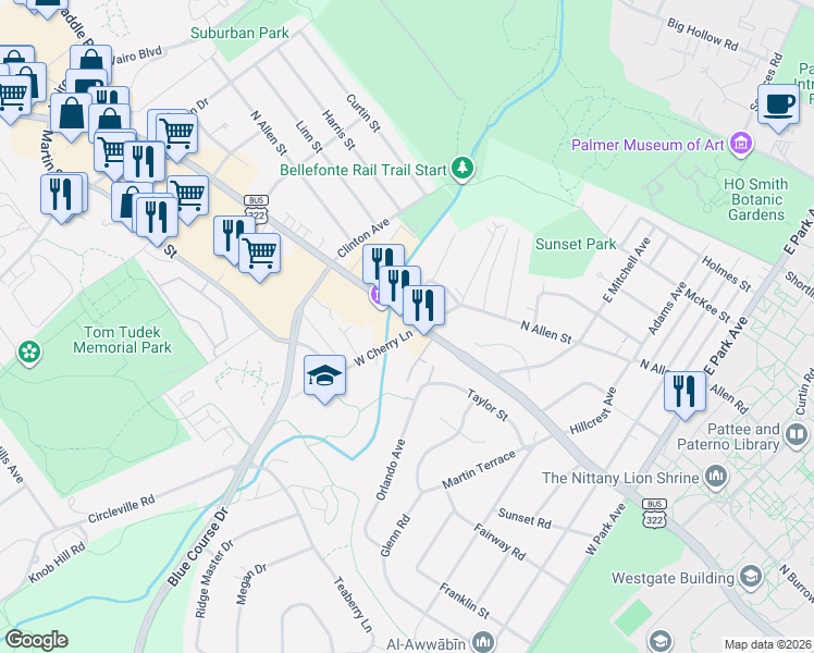 map of restaurants, bars, coffee shops, grocery stores, and more near 1210 North Atherton Street in State College
