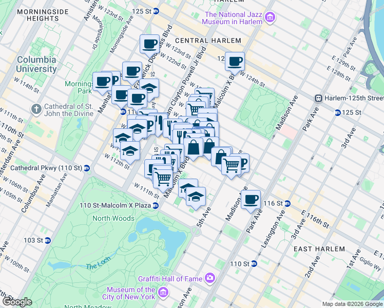 map of restaurants, bars, coffee shops, grocery stores, and more near 112 Lenox Avenue in New York