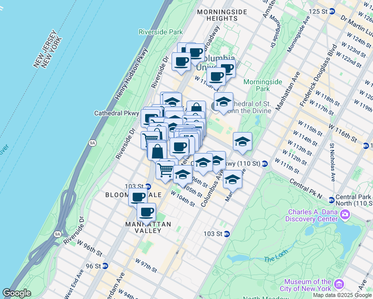 map of restaurants, bars, coffee shops, grocery stores, and more near 972c Amsterdam Avenue in New York