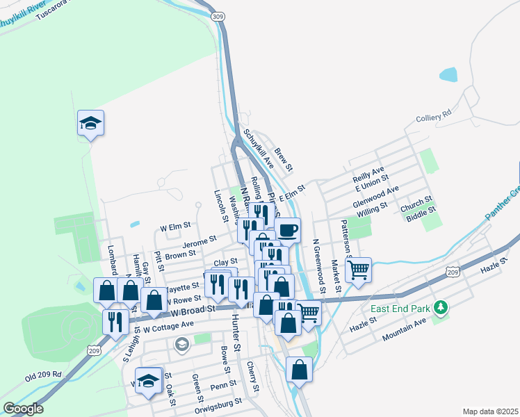 map of restaurants, bars, coffee shops, grocery stores, and more near 20 East Elm Street in Tamaqua