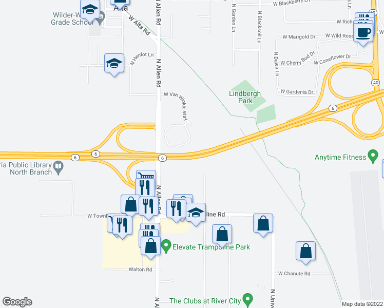 map of restaurants, bars, coffee shops, grocery stores, and more near Highway 6 in Peoria