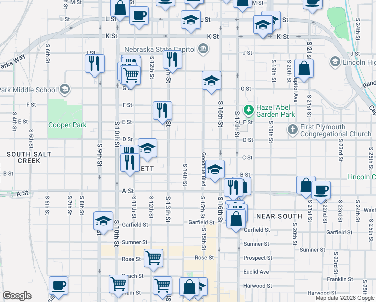 map of restaurants, bars, coffee shops, grocery stores, and more near 1132 South 14th Street in Lincoln