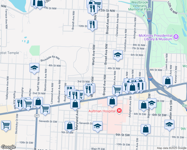 map of restaurants, bars, coffee shops, grocery stores, and more near 2920 Rosewood Place Northwest in Canton
