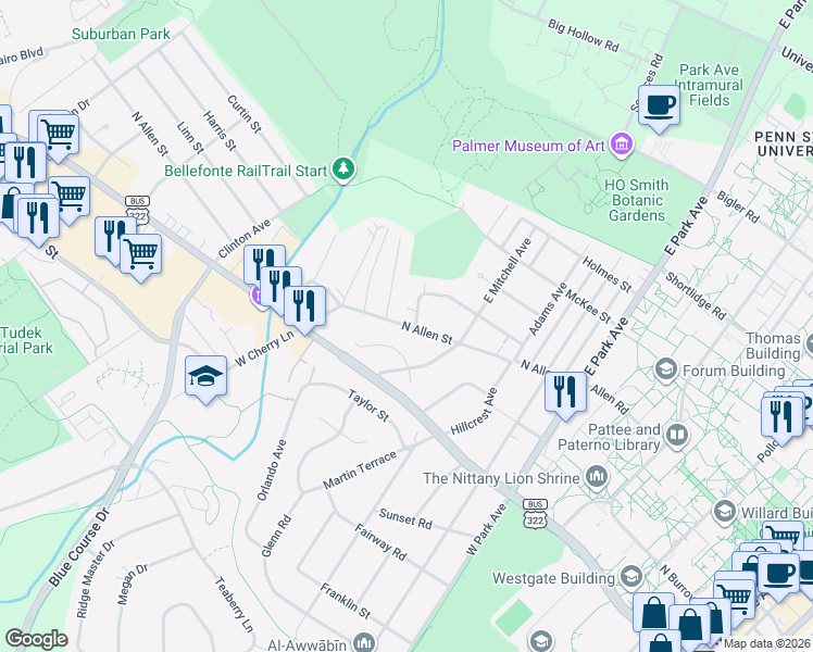 map of restaurants, bars, coffee shops, grocery stores, and more near 864 North Allen Street in State College