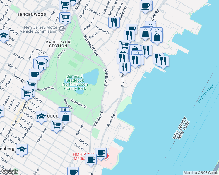 map of restaurants, bars, coffee shops, grocery stores, and more near 64 Bergen Ridge Road in North Bergen