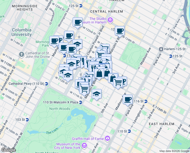 map of restaurants, bars, coffee shops, grocery stores, and more near 111 Lenox Avenue in New York