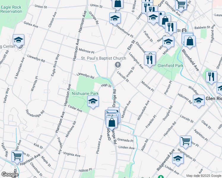 map of restaurants, bars, coffee shops, grocery stores, and more near 5 High Street in Montclair