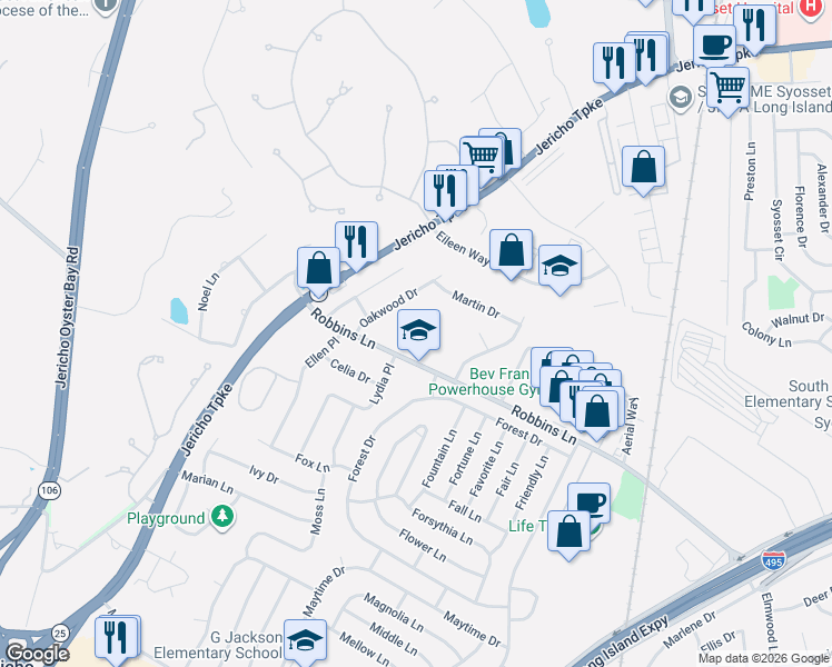 map of restaurants, bars, coffee shops, grocery stores, and more near 157 Robbins Lane in Syosset