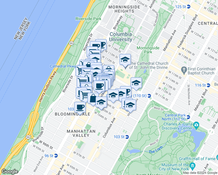 map of restaurants, bars, coffee shops, grocery stores, and more near 972c Amsterdam Avenue in New York